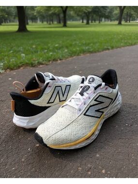 New Balance White Sneakers with Black & Peach Details